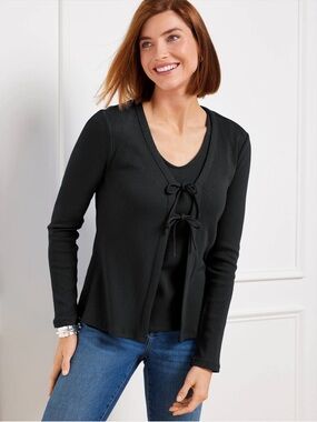 Talbots Ribbed Tie Front Black Cardigan Top Size XS